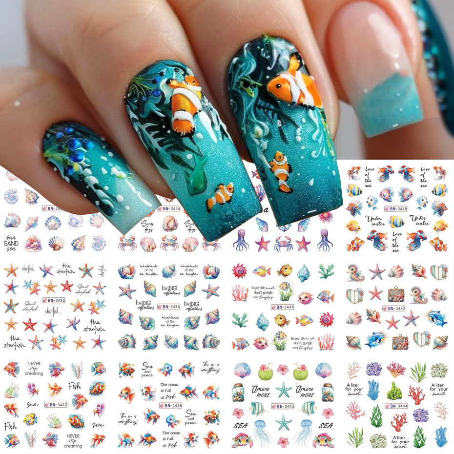 Nail Art France - 12 デザイン海洋生物水ネイルステッカー漫画夏の海の魚の殻海藻ネイルステッカーかわいい 3D ネイル転写ウォータースライダー