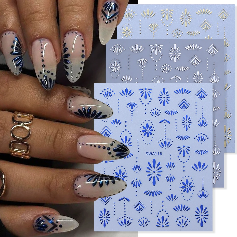 Nail Art France - 3 個ボヘミアンスタイルネイルステッカーゴールドシルバーブルー花びらライン自己粘着自由奔放に生きるネイルステッカー DIY マニキュアスライダー装飾