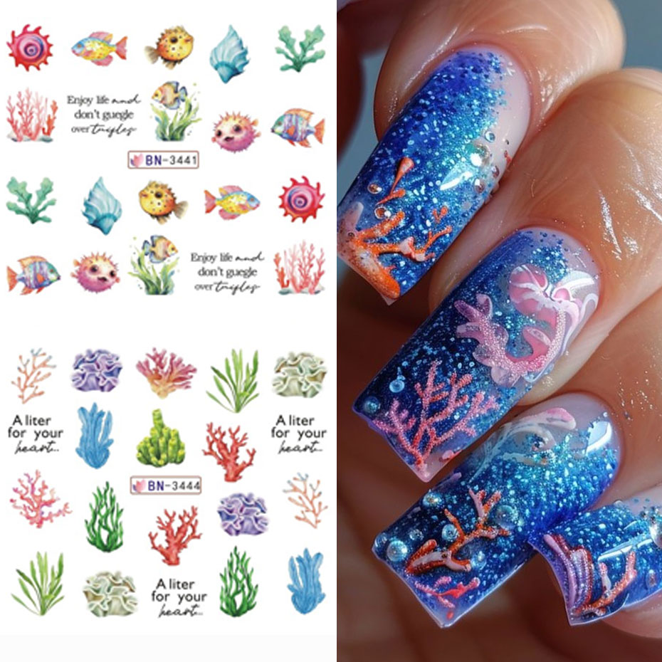12 デザイン海洋生物水ネイルステッカー漫画夏の海の魚の殻海 - Nail Art France のレビューと価格